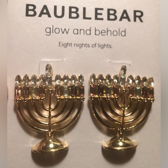 BaubleBar‎ Hanukkah Menorah Earrings Gold Tone Clear and Neutral Crystal Glass - Picture 2 of 6